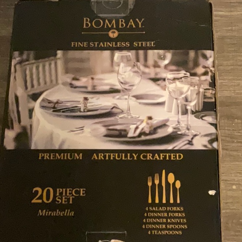 BOMBAY MIRABELLA GOLD WHITE FINE STAINLESS 20pc. FLATWARE. NEW IN BOX - Picture 5 of 5